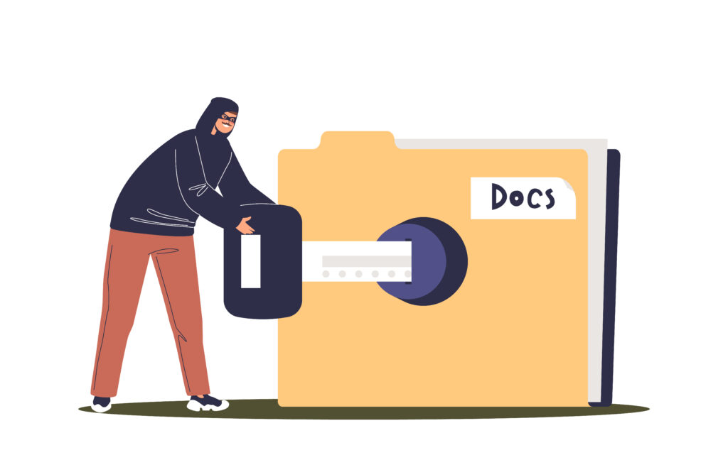 Illustration of a person trying to unlock a secured folder labeled “Docs”, symbolizing the importance of data masking to prevent unauthorized access.