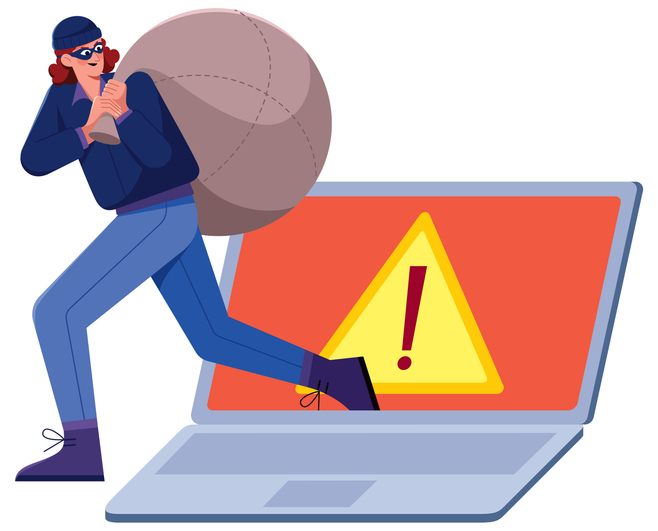 An illustration highlighting AI privacy risks: a person depicted as a thief carrying a bag, emerging from a laptop with a warning sign, symbolizing data breaches and cybersecurity threats.