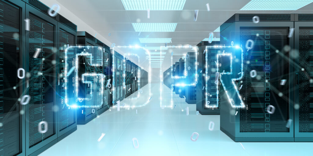 Digital image of a data center with the word “GDPR” glowing in binary code overlay, representing data protection. Suggests the use of differential privacy techniques to comply with GDPR by securing personal data through mathematical guarantees.